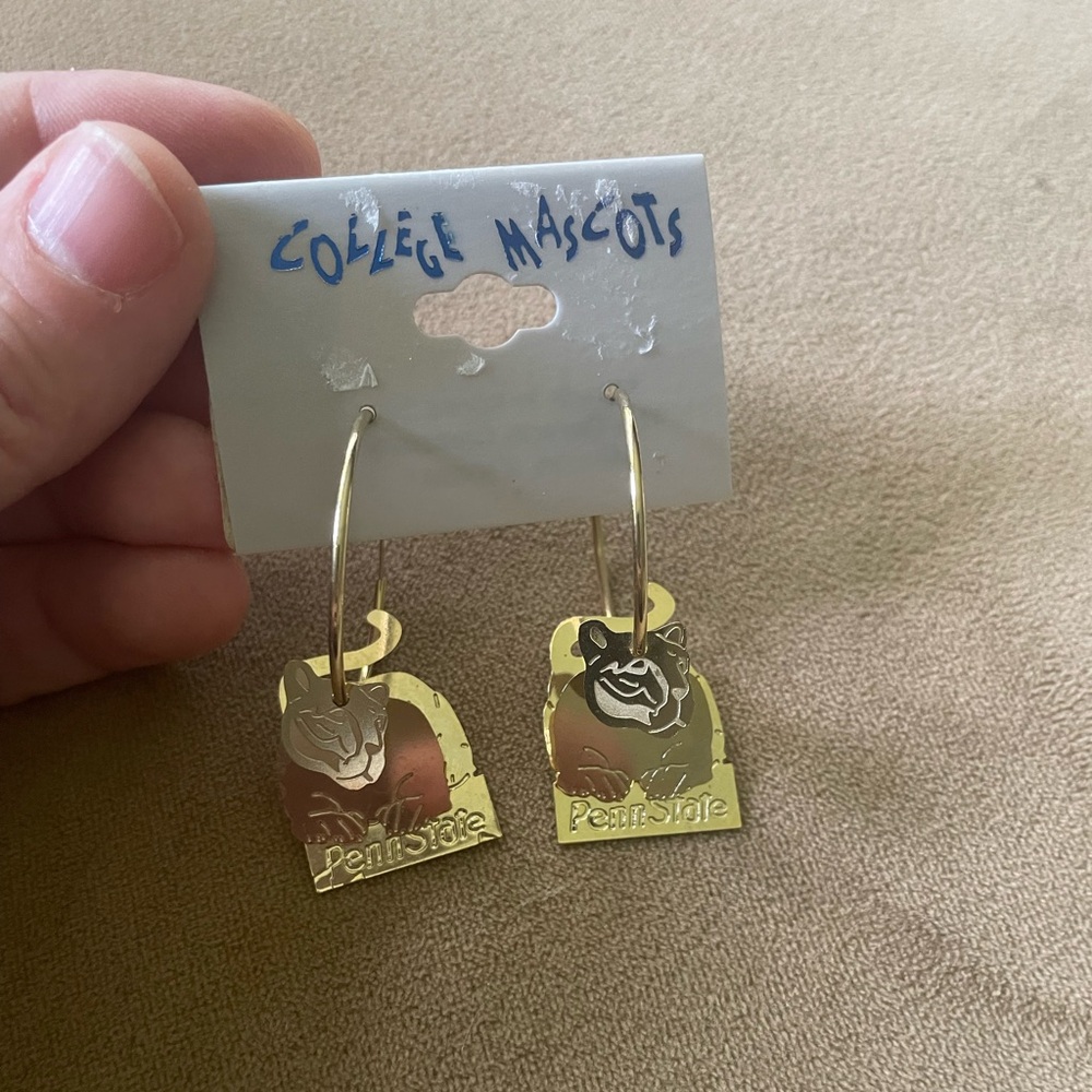 Vintage New Penn State Nittany Lions College Mascot Gold Hoop Dangle Earrings